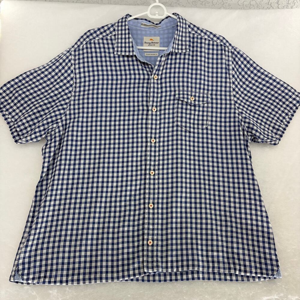Tommy Bahama Jeans Gingham Check Shirt Size Approx L Navy Blue Short Sleeve Mens